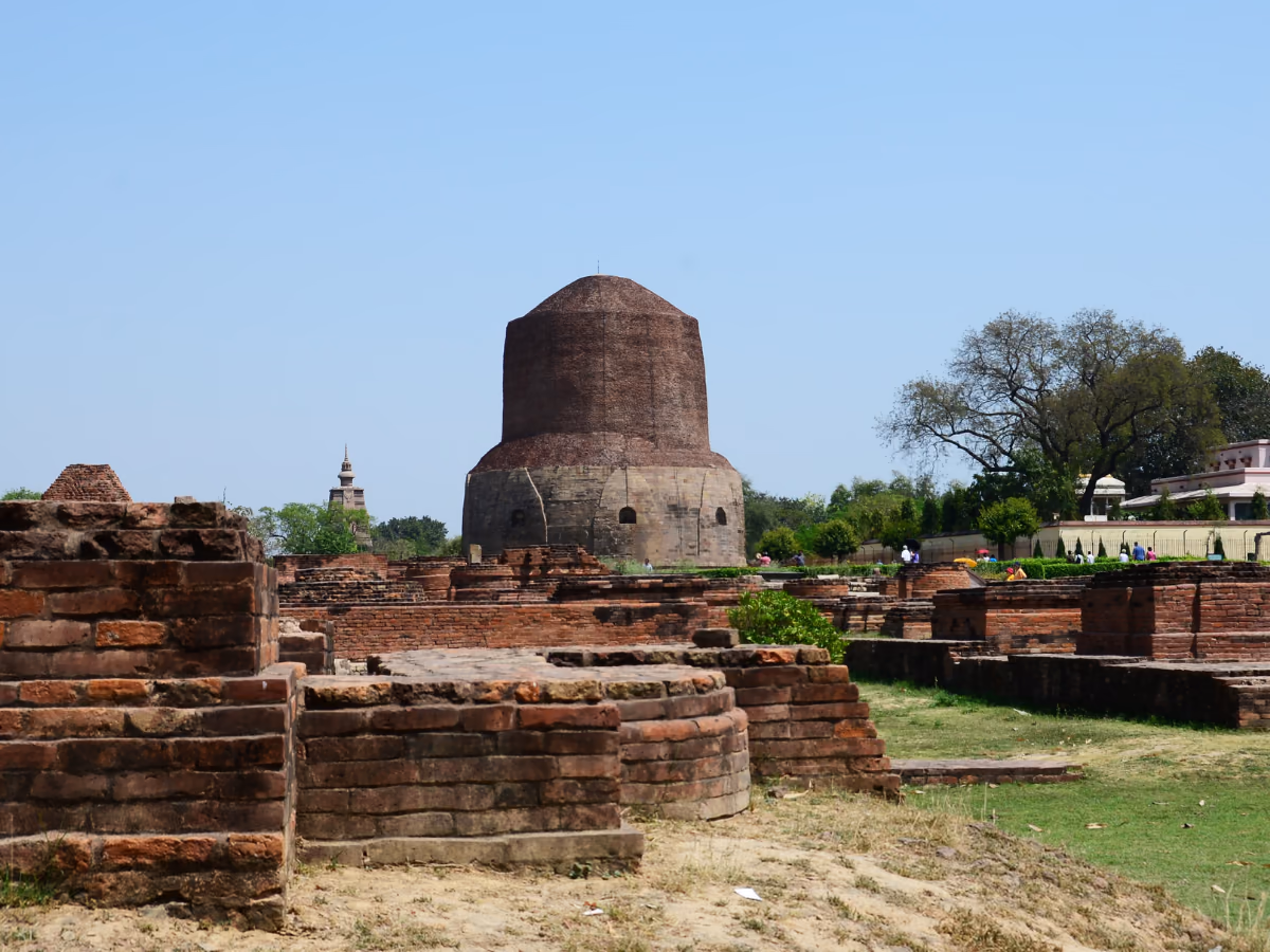 Dhamek Stupa in the peaceful archaeological park at Sarnath.