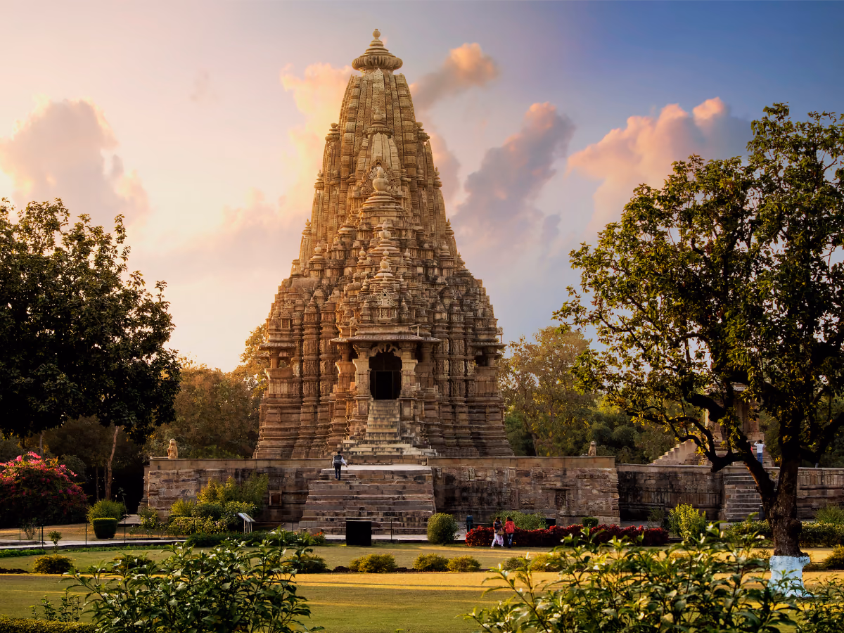 Carved sandstone temples in the Khajuraho heritage complex.