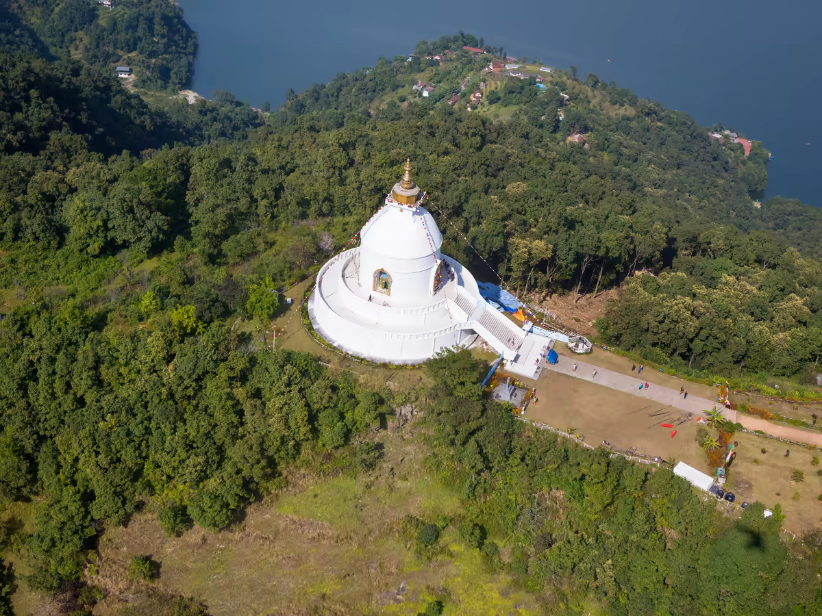 The World Peace Pagoda above Fewa Lake in Pokhara.