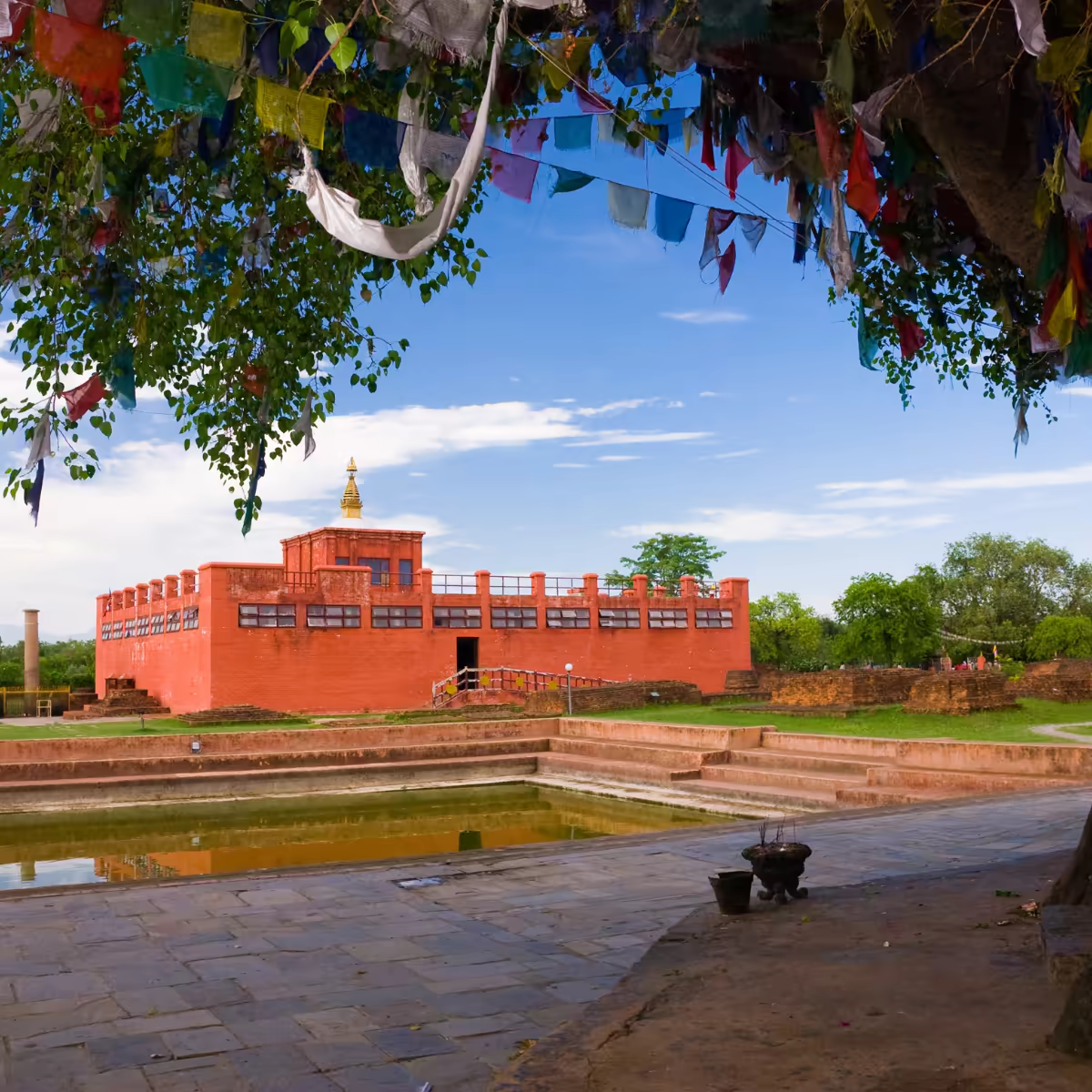 A quiet garden path beside the monasteries of Lumbini.