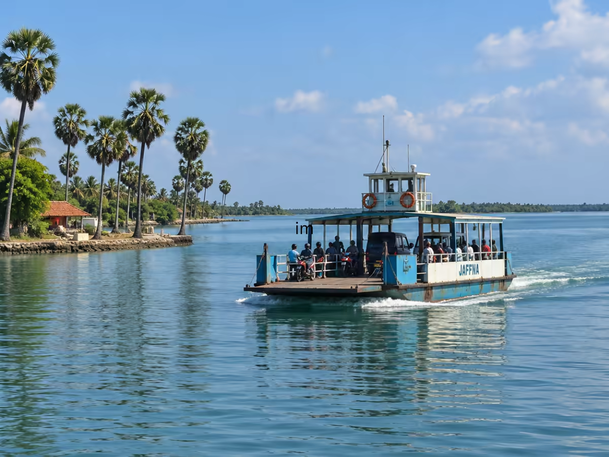 A ferry crossing the lagoon among palmyra palms near Jaffna.