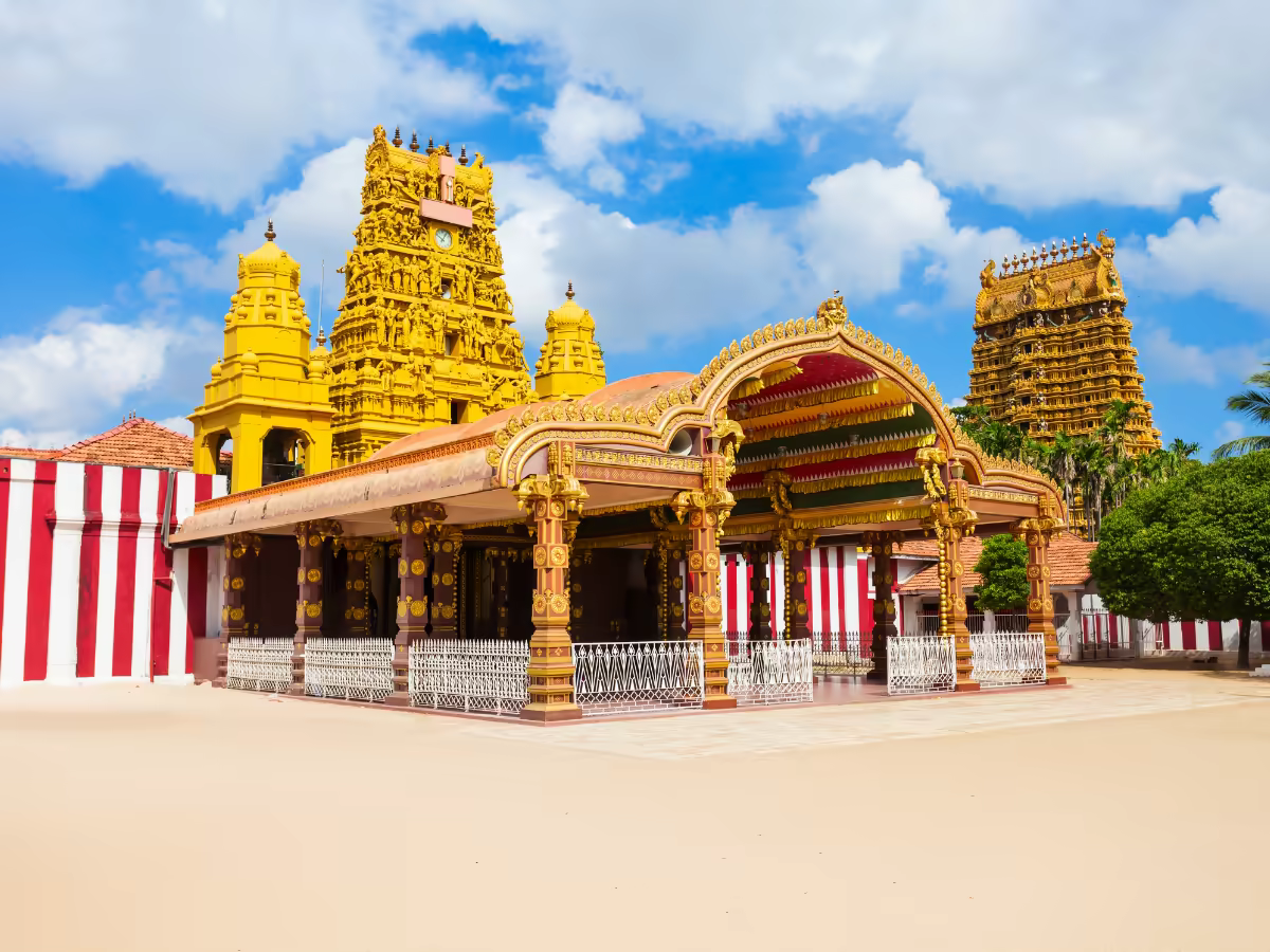 The brightly painted gopuram of Nallur Kandaswamy Temple.