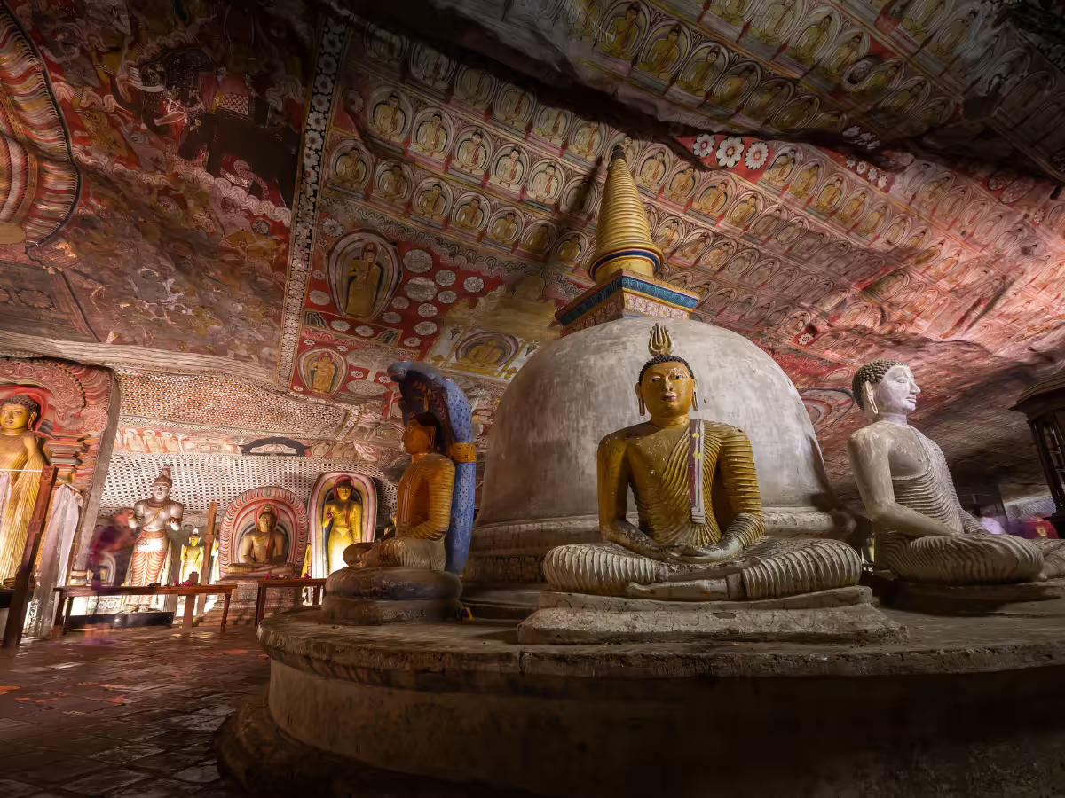 The ochre entrance to Dambulla Cave Temple in Sri Lanka.