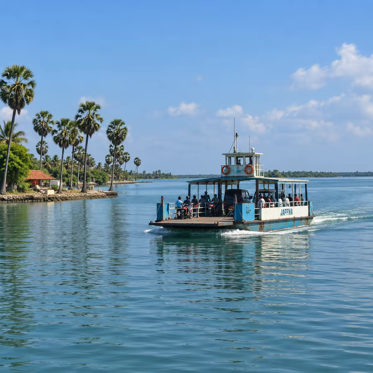 A ferry crossing the lagoon among palmyra palms near Jaffna.